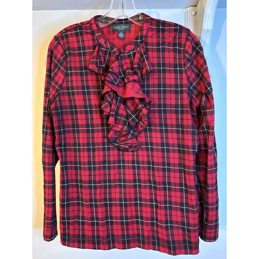 LAUREN‎ RALPH LAUREN Red Plaid Long Sleeve Knit Ruffle Top Petite L Christmas